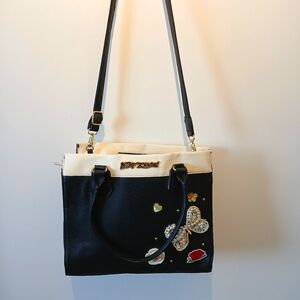 Betsy Johnson Beaded Butterfly & Florals Crossbody Tote Bag Faux Snake Print